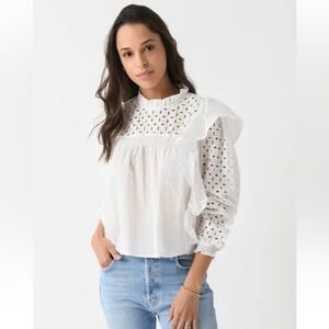 Deluc TIZIANO BLOUSE Elegant White Eyelet Ruffle Blouse size S